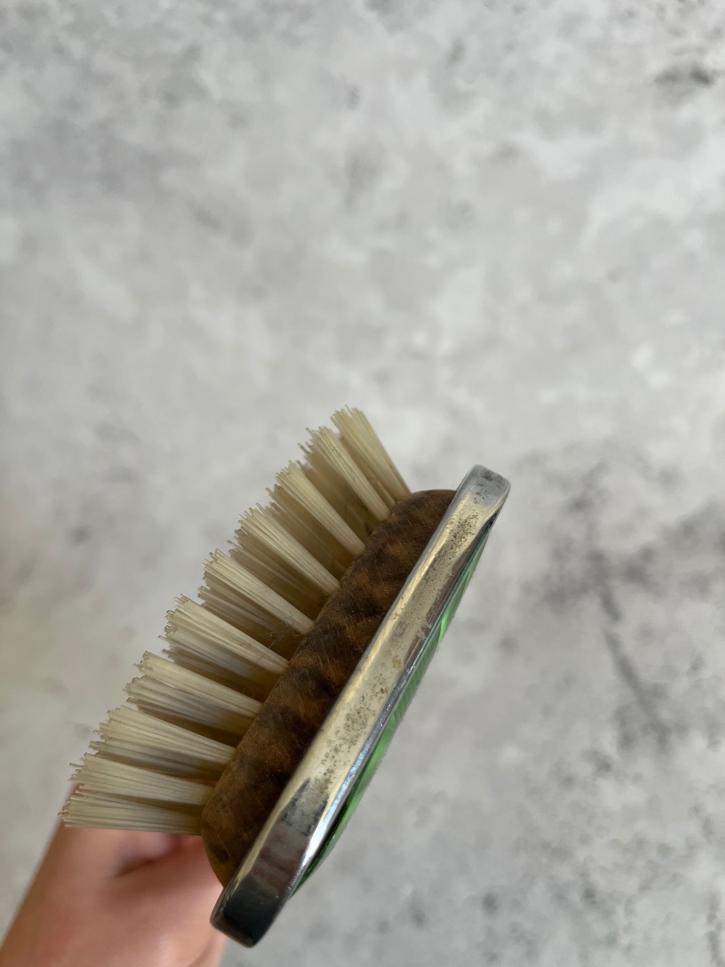 Vintage Art Deco Faux Guilloche Enamel Hair Brush Green Starburst Design