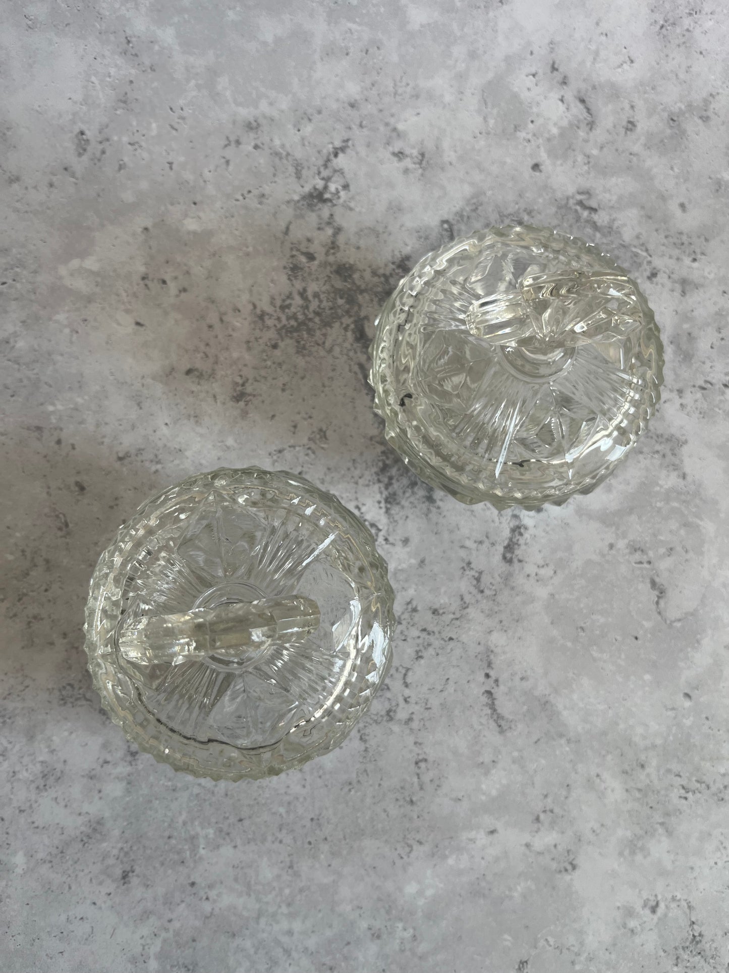 Vintage Set Of 2 Bagley & Co Clear Glass Art Deco Trinket Dishes Lidded & Footed