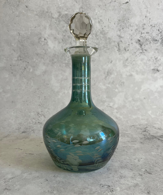 Vintage Hand Blown Iridescent Teal Green Etched Decanter With Faceted Stopper