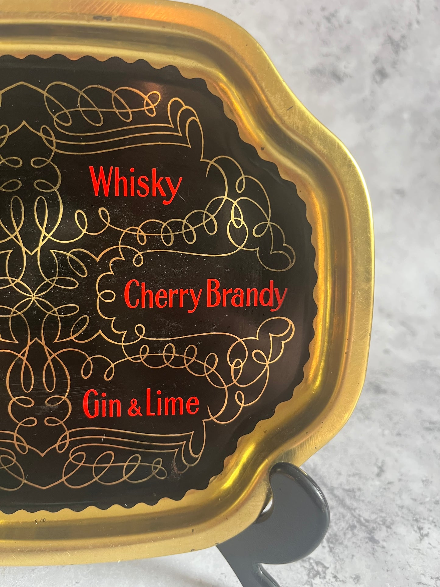 Vintage Spirit Shot Metal Serving Tray Black Gold Detail Retro Brewiana