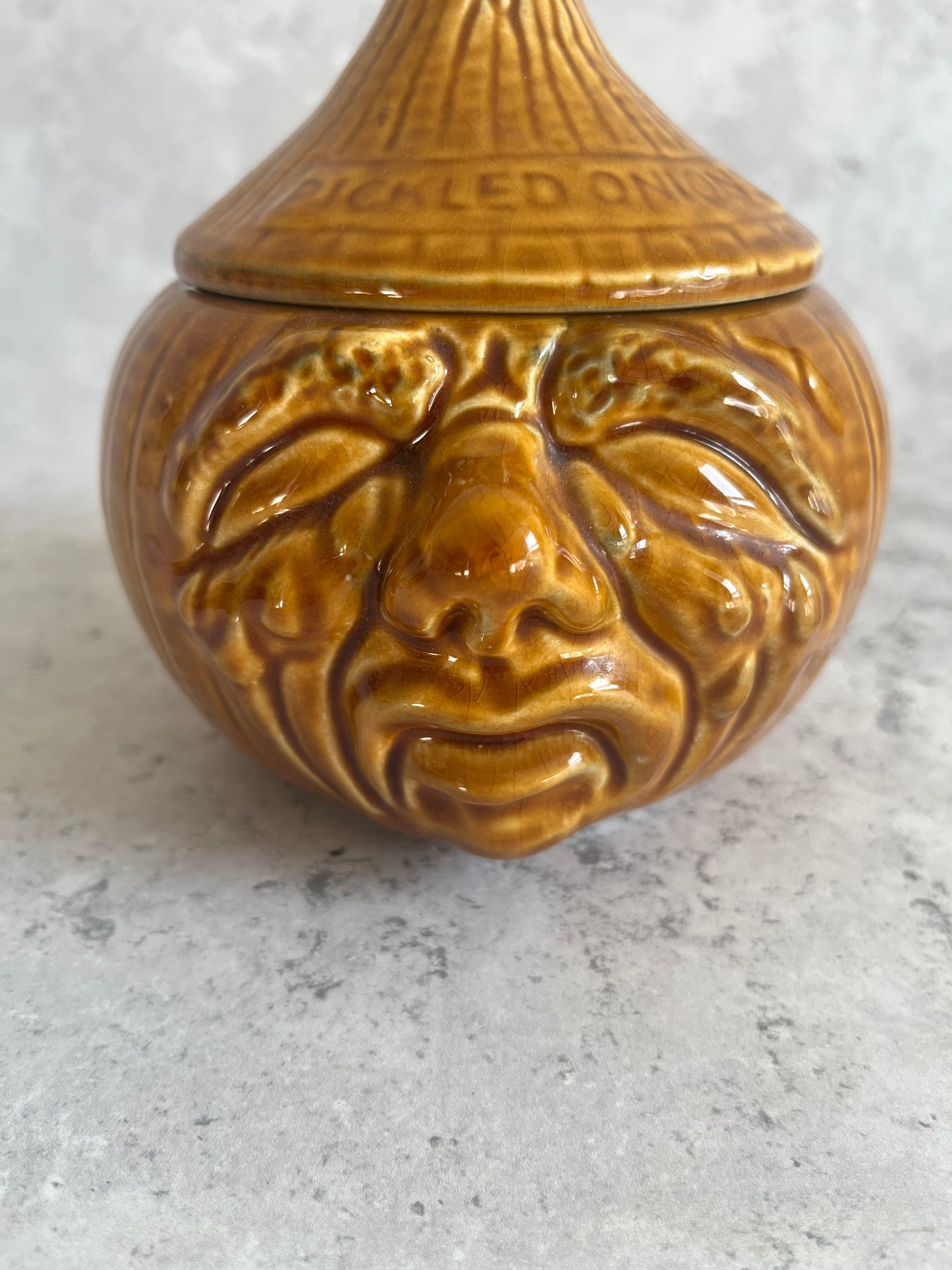 Vintage Crying Pickled Onion Pot Amber Glazed Retro Storage Jar Ceramic