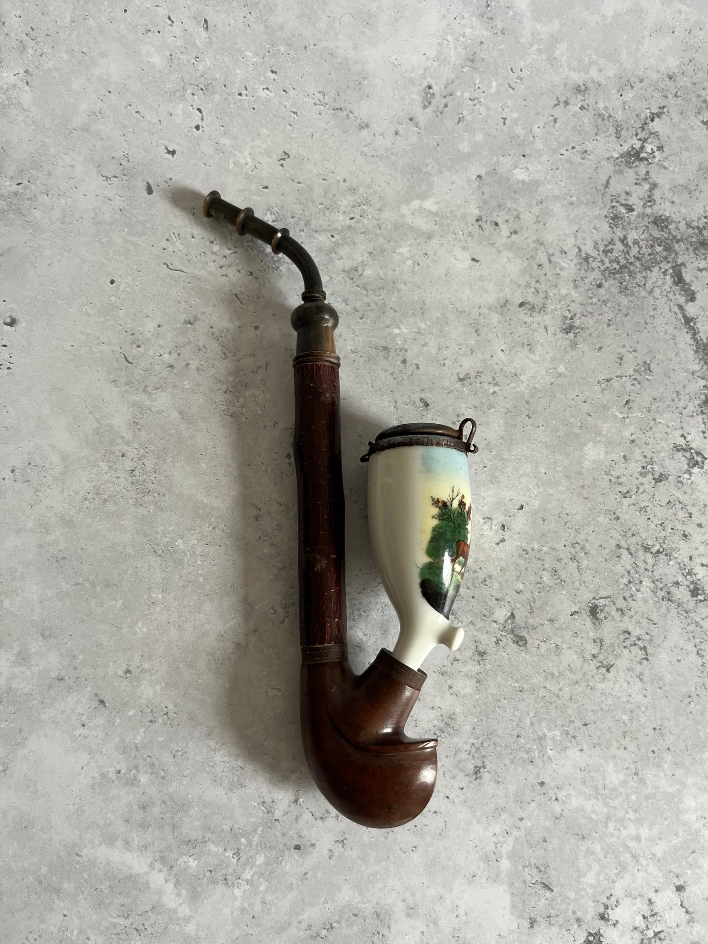 Antique German Tobacco Smoking Pipe Ceramic & Wood Stag Design