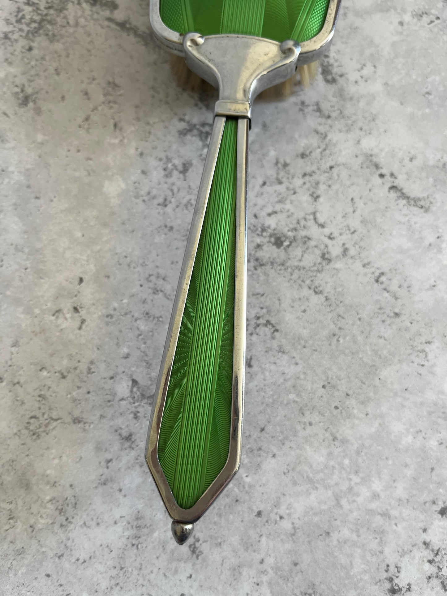 Vintage Art Deco Faux Guilloche Enamel Hair Brush Green Starburst Design