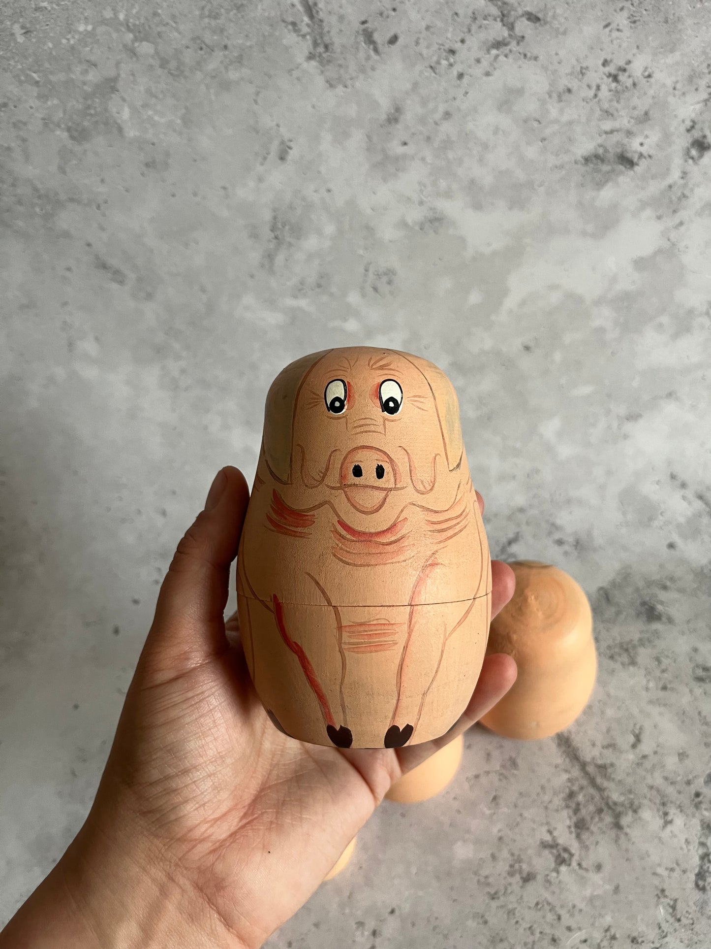 Vintage Hand-Painted Wooden Pig Themed Nesting Dolls Set Of 5 Animal Themed Ornaments