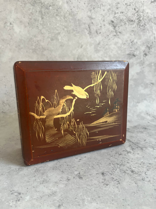Antique Japanese Red Lacquer Storage Box Landscape Bird Scene