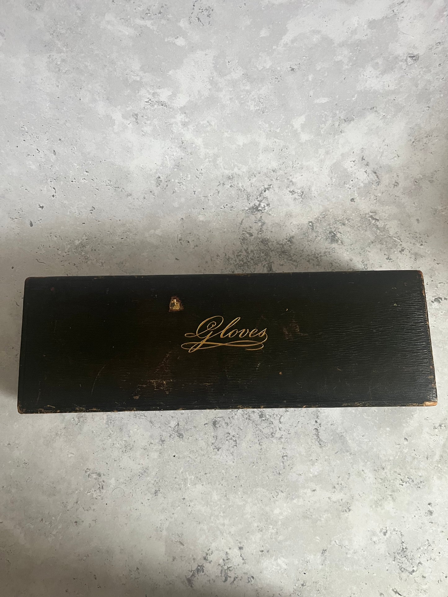 Antique 19C Black Leather Glove Storage Box Green Satin Lining Gold Lettering