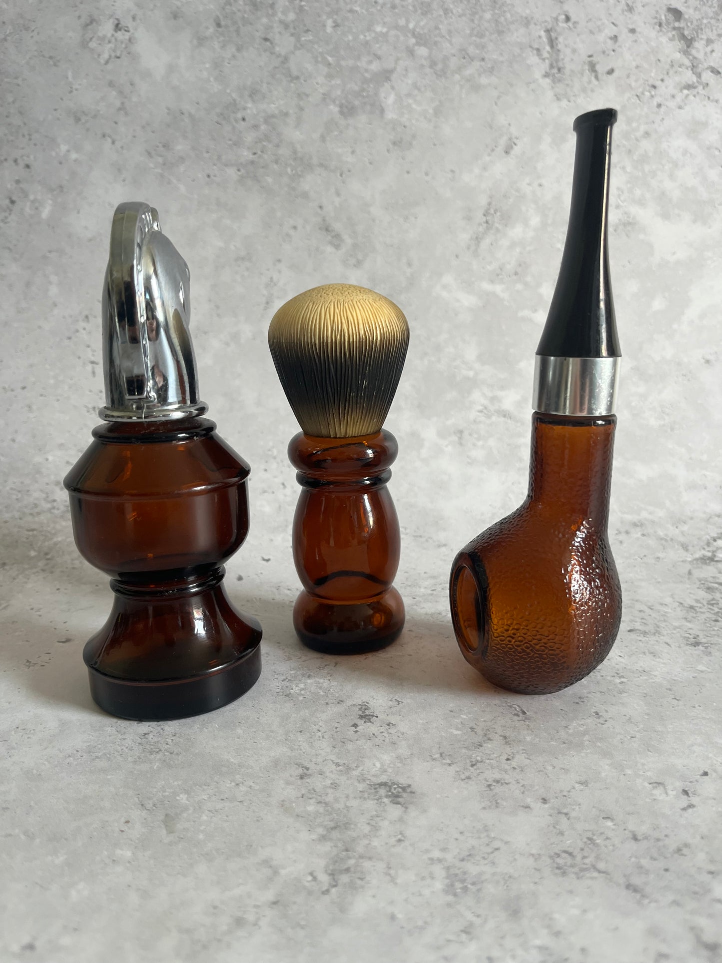Vintage 1970’s Set Of 3 Avon Perfume Bottles Pipe Knight & Brush Empty