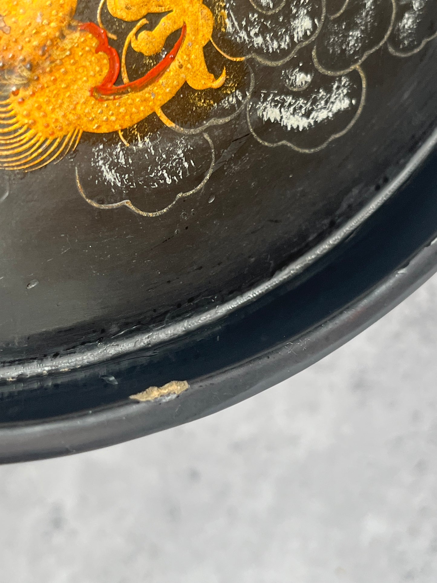 Chinese Foochow Black Lacquer Round Serving Tray Hand Painted Dragon Design 24cm Diameter
