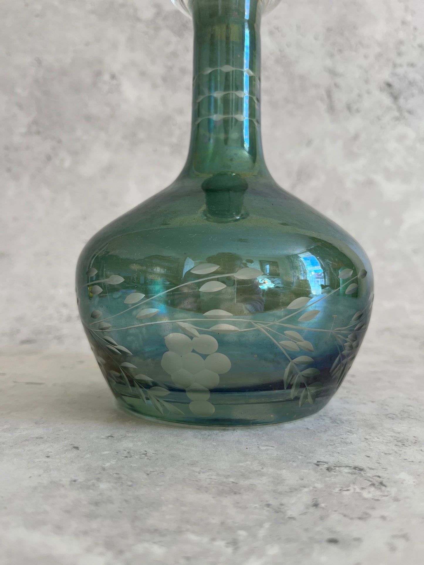 Vintage Hand Blown Iridescent Teal Green Etched Decanter With Faceted Stopper