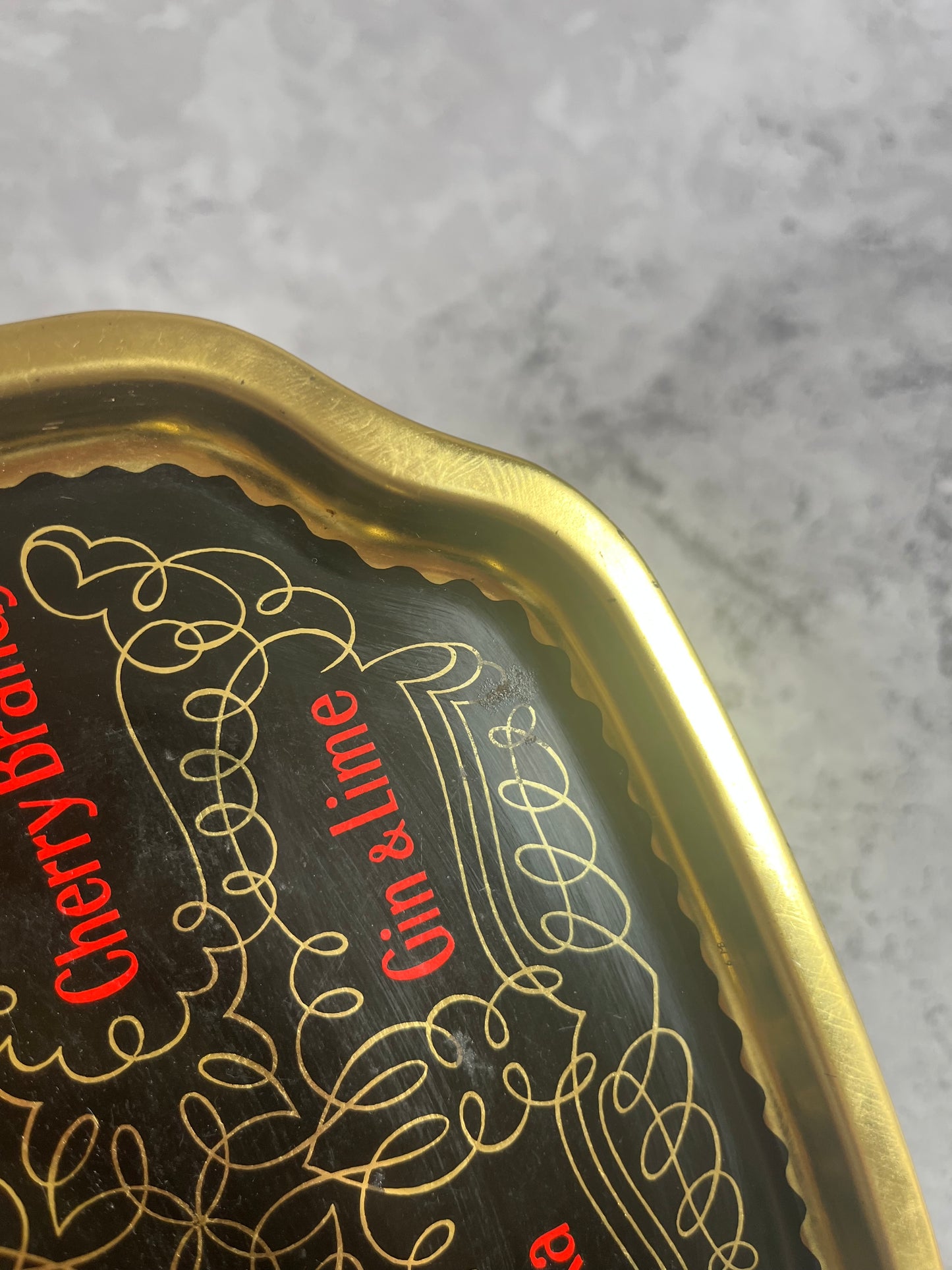 Vintage Spirit Shot Metal Serving Tray Black Gold Detail Retro Brewiana