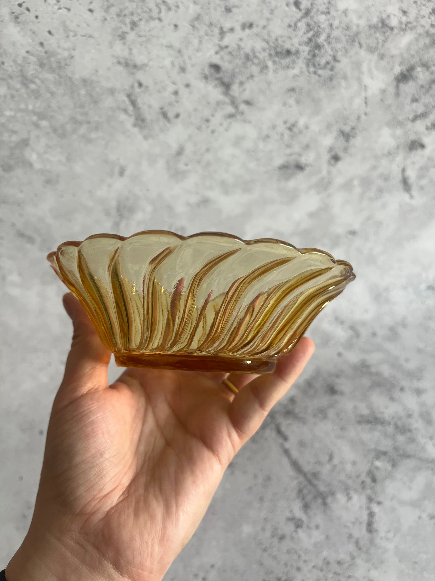 Vintage Bagley Amber Glass Dessert Bowl Swirl Pattern Scalloped Edge