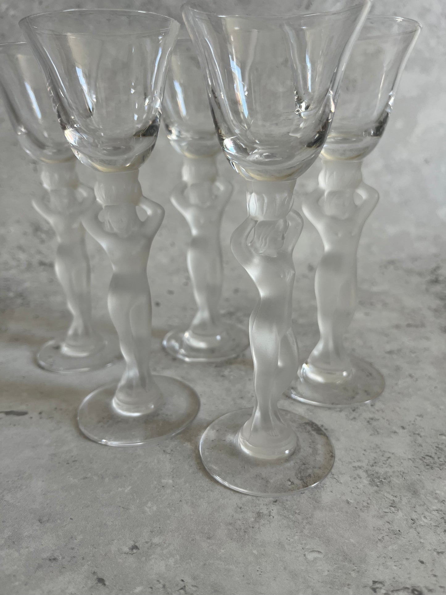 French Bayel Crystal Nude Frosted Venus Stem Liqueur Glasses Set Of 5