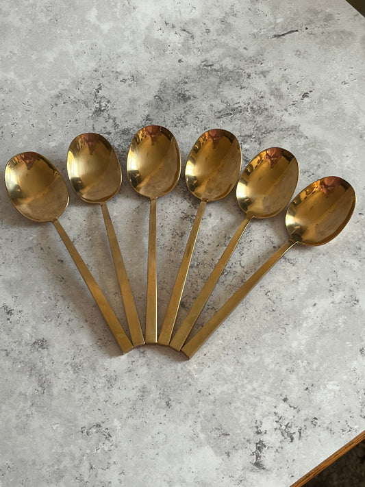 Vintage 1970’s Thai Gold Tone Table Spoons Set Of Six Angular Design