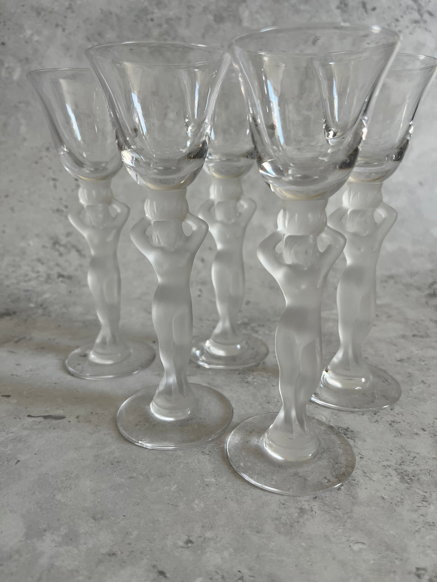 French Bayel Crystal Nude Frosted Venus Stem Liqueur Glasses Set Of 5