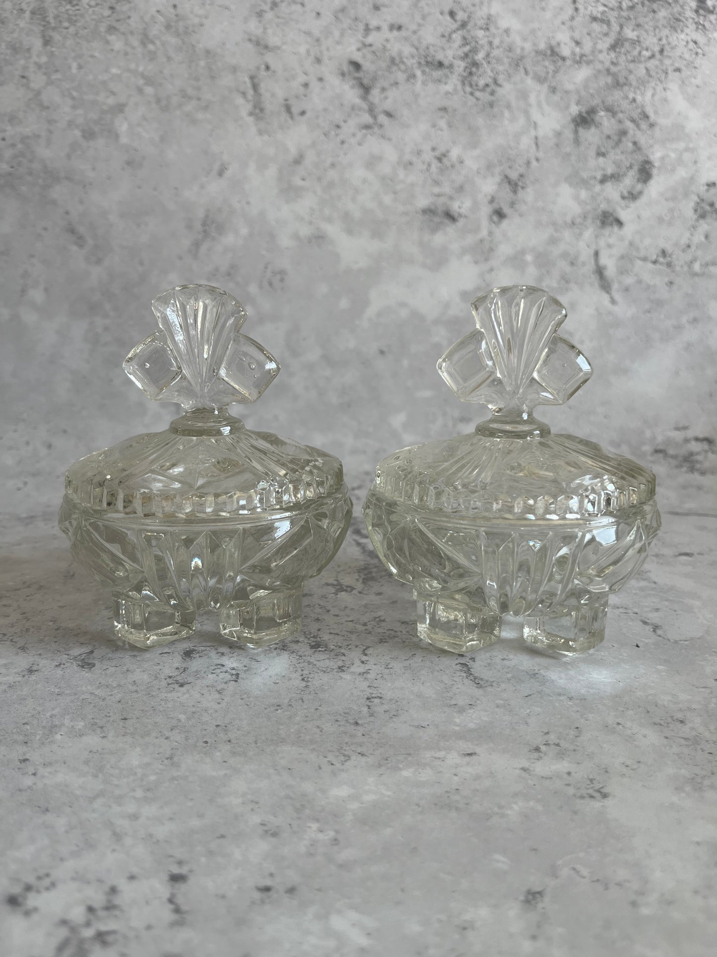 Vintage Set Of 2 Bagley & Co Clear Glass Art Deco Trinket Dishes Lidded & Footed