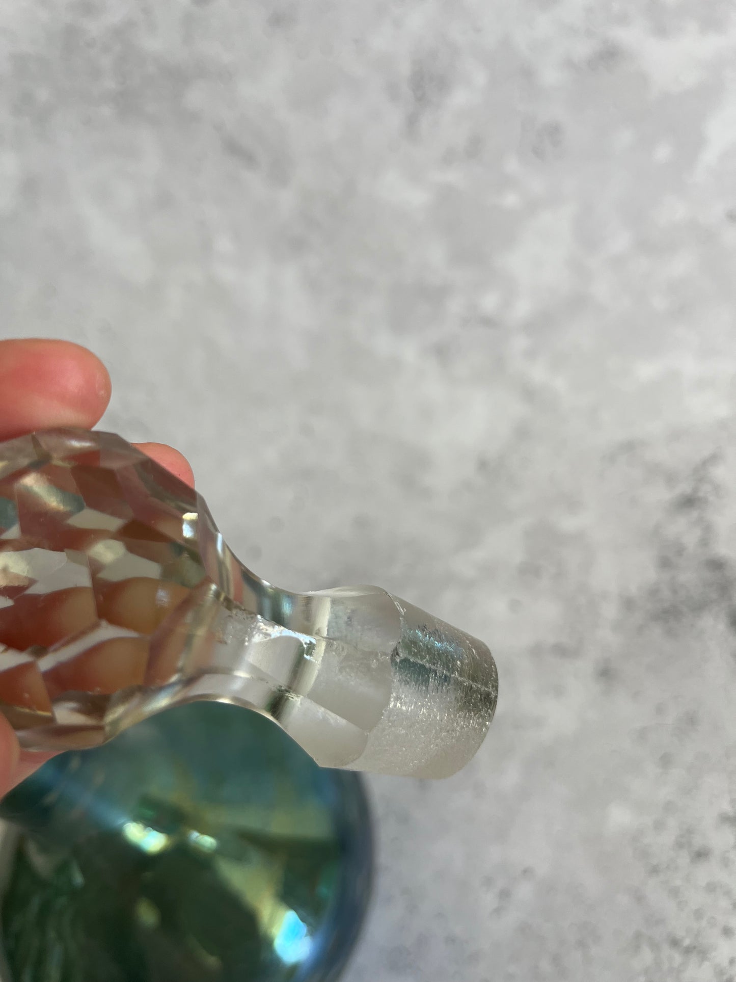 Vintage Hand Blown Iridescent Teal Green Etched Decanter With Faceted Stopper