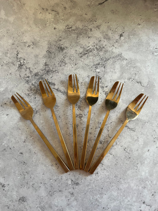 Vintage 1970’s Thai Gold Tone Cake Forks Set Of Six Angular Design