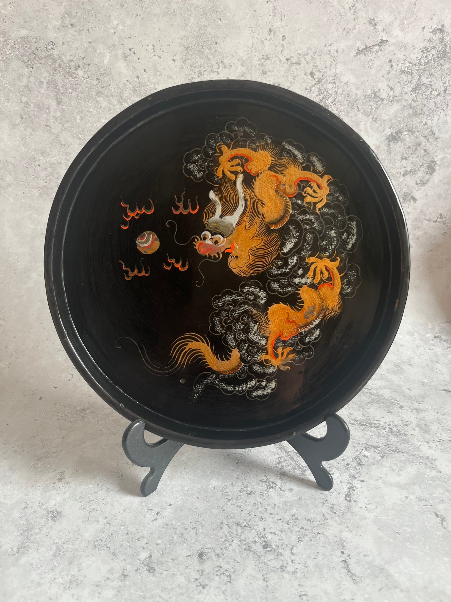 Chinese Foochow Black Lacquer Round Serving Tray Hand Painted Dragon Design 24cm Diameter