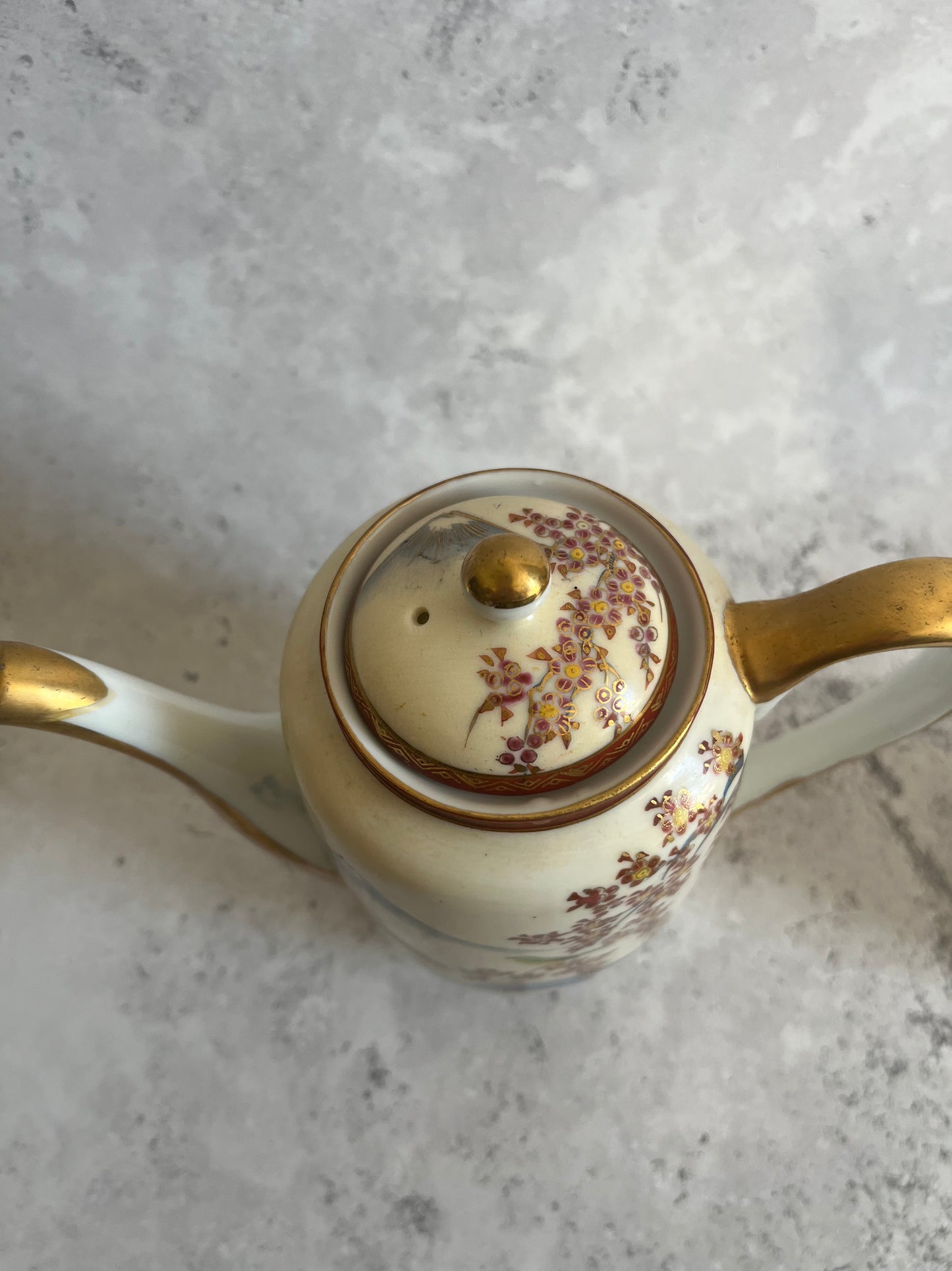 Vintage Japanese Kutani Coffee Pot & Creamer Cherry Blossom Scene Teapot