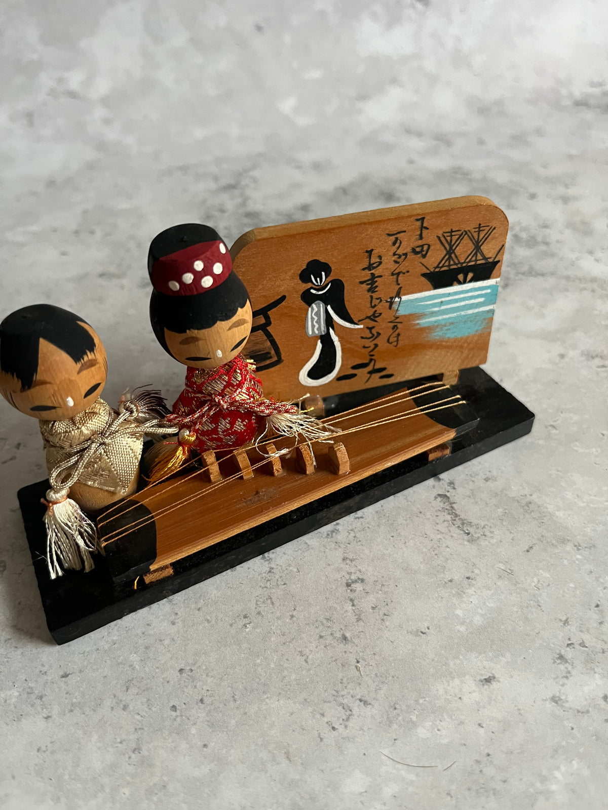 Vintage Kokeshi Pair With Koto Instrument Okichi Japanese Folk Art