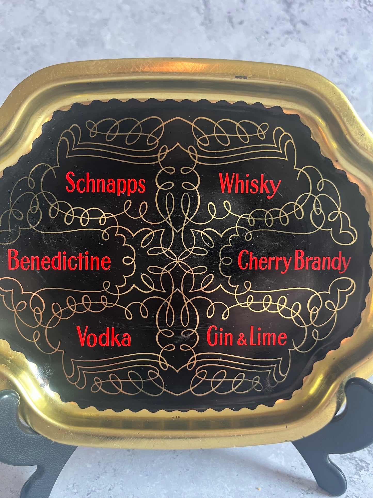 Vintage Spirit Shot Metal Serving Tray Black Gold Detail Retro Brewiana