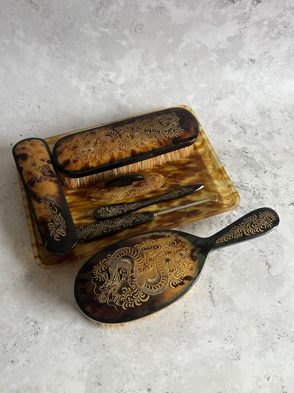 Vintage Early 20thC Faux Tortoiseshell 7 Piece Vanity Set Gold Dragon Engraved Design