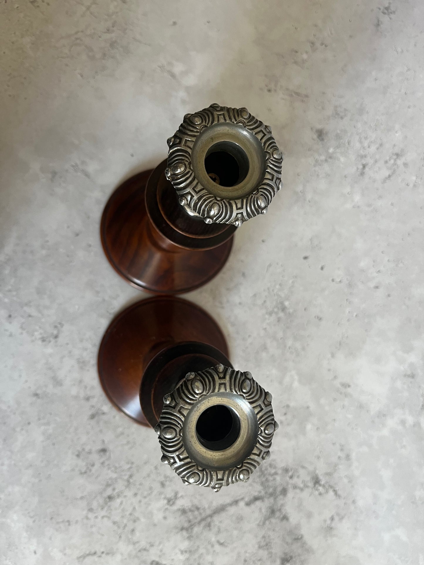 Antique Turned Wooden Silver Coloured Metal Candlesticks Art Deco Candle Holders