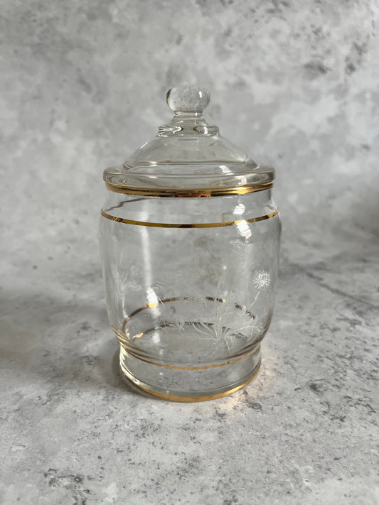 Vintage Clear Glass Storage Canister Gilt Detail Dandelion Design