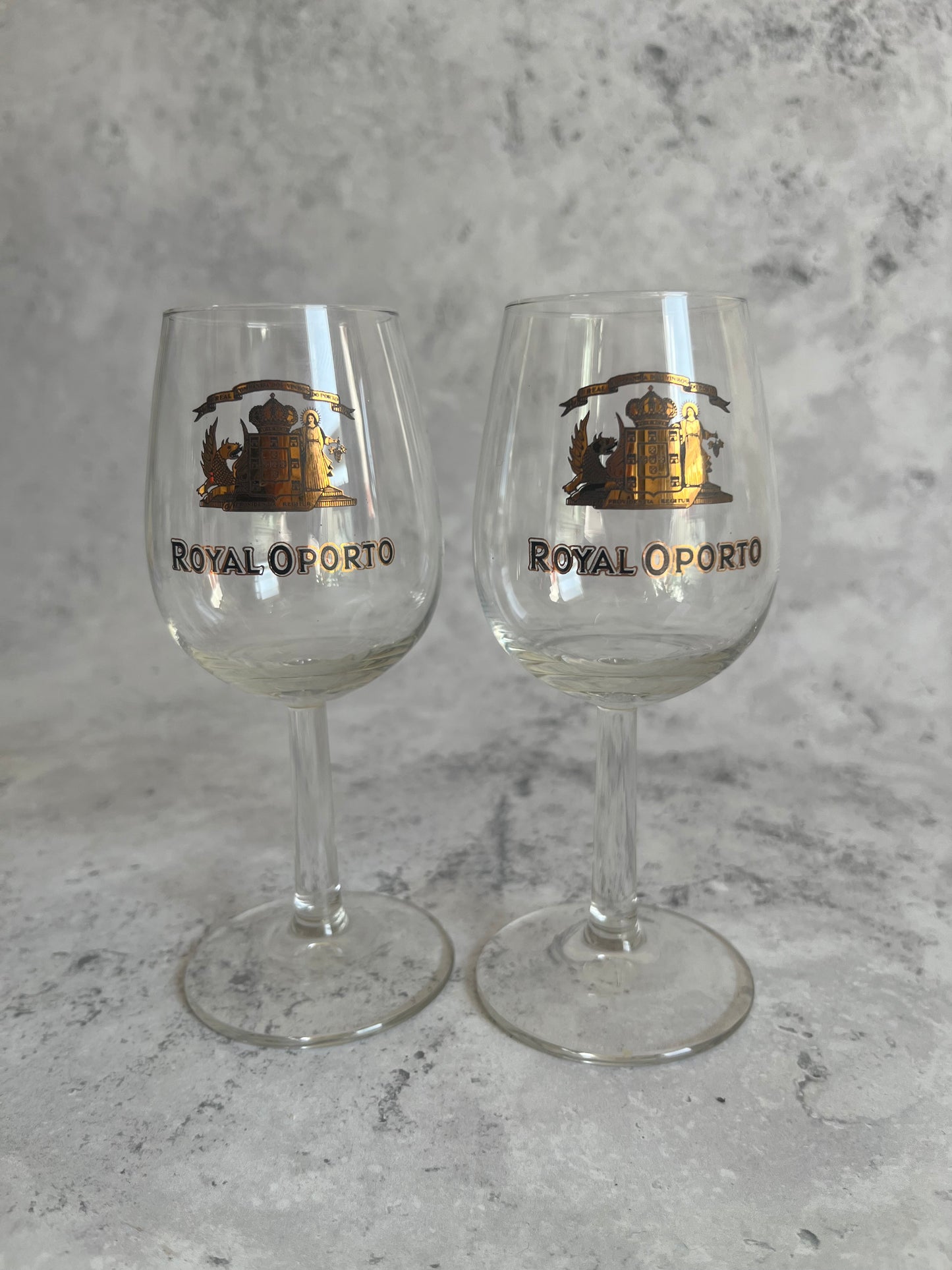 Vintage Royal Oporto Set Of 2 Clear Glass Port Glasses Gilt Detail