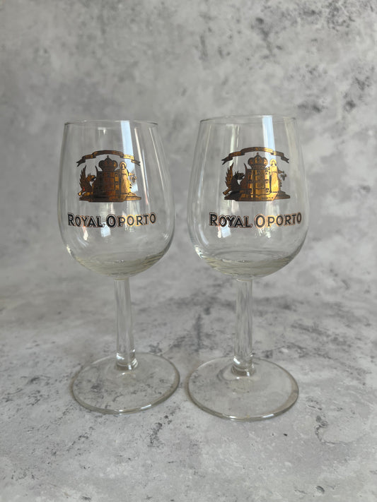 Vintage Royal Oporto Set Of 2 Clear Glass Port Glasses Gilt Detail
