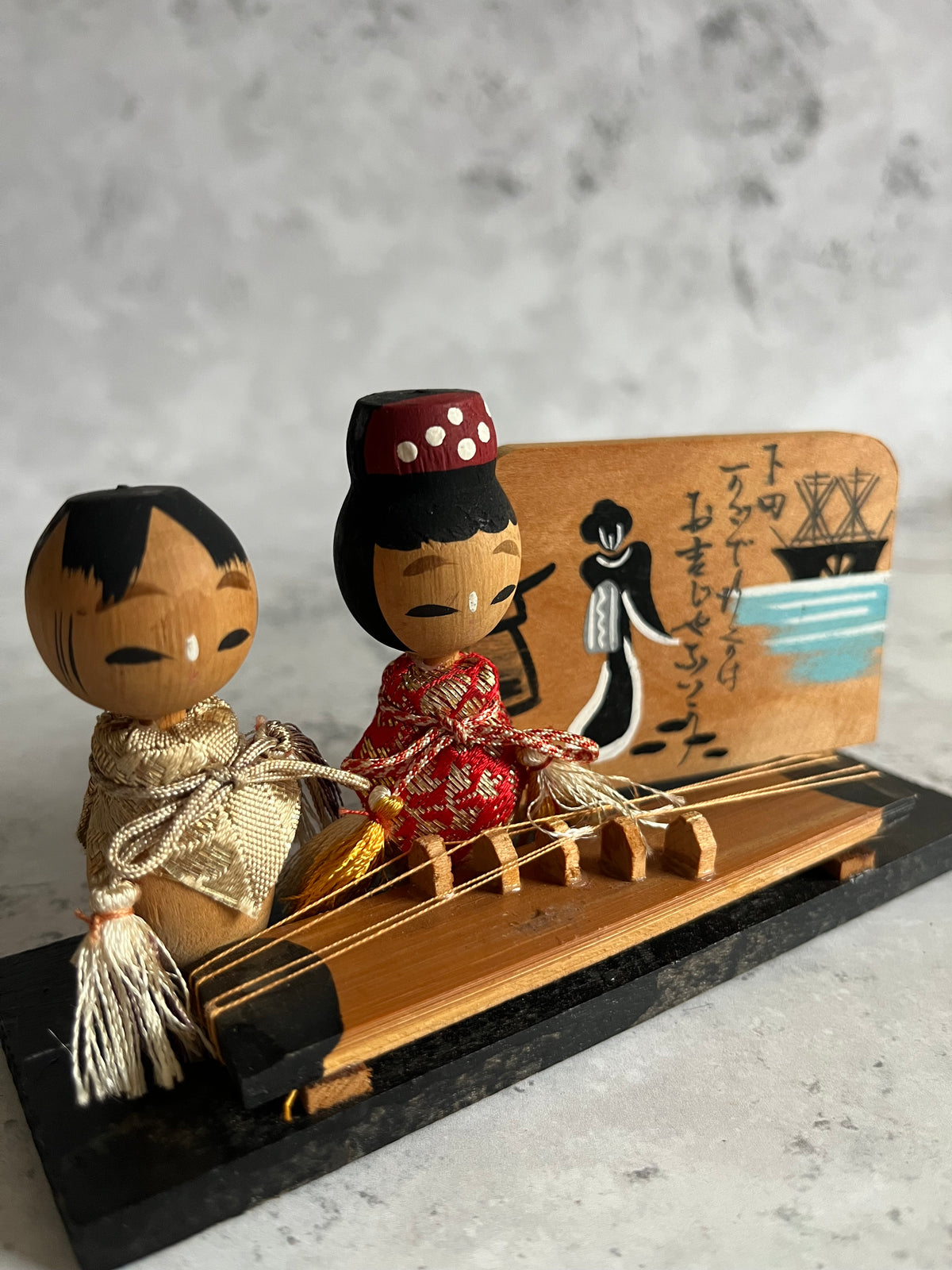Vintage Kokeshi Pair With Koto Instrument Okichi Japanese Folk Art