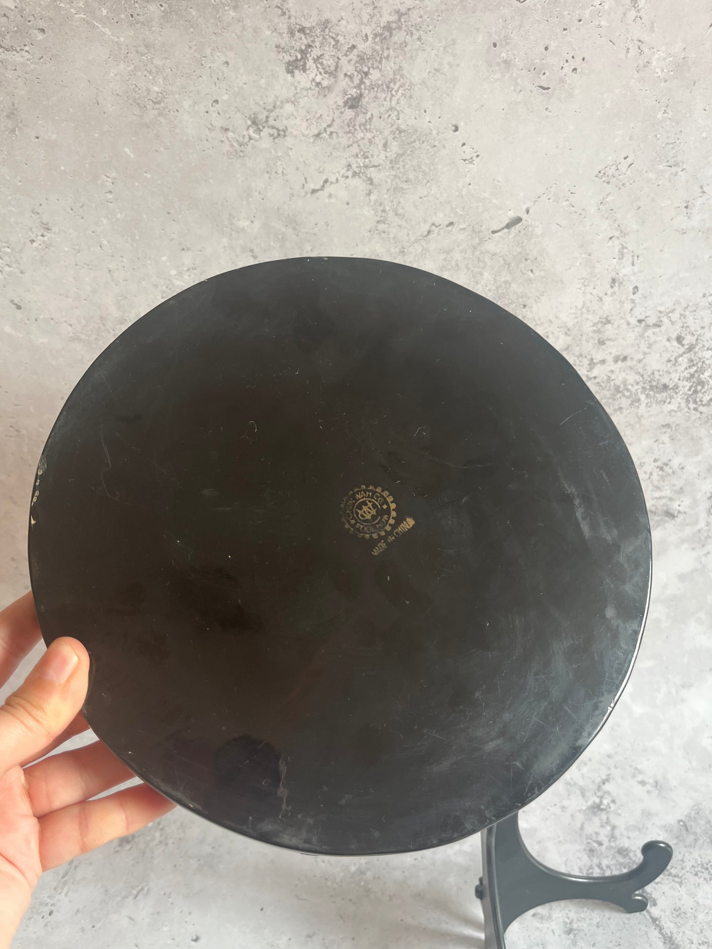 Chinese Foochow Black Lacquer Round Serving Tray Hand Painted Dragon Design 24cm Diameter