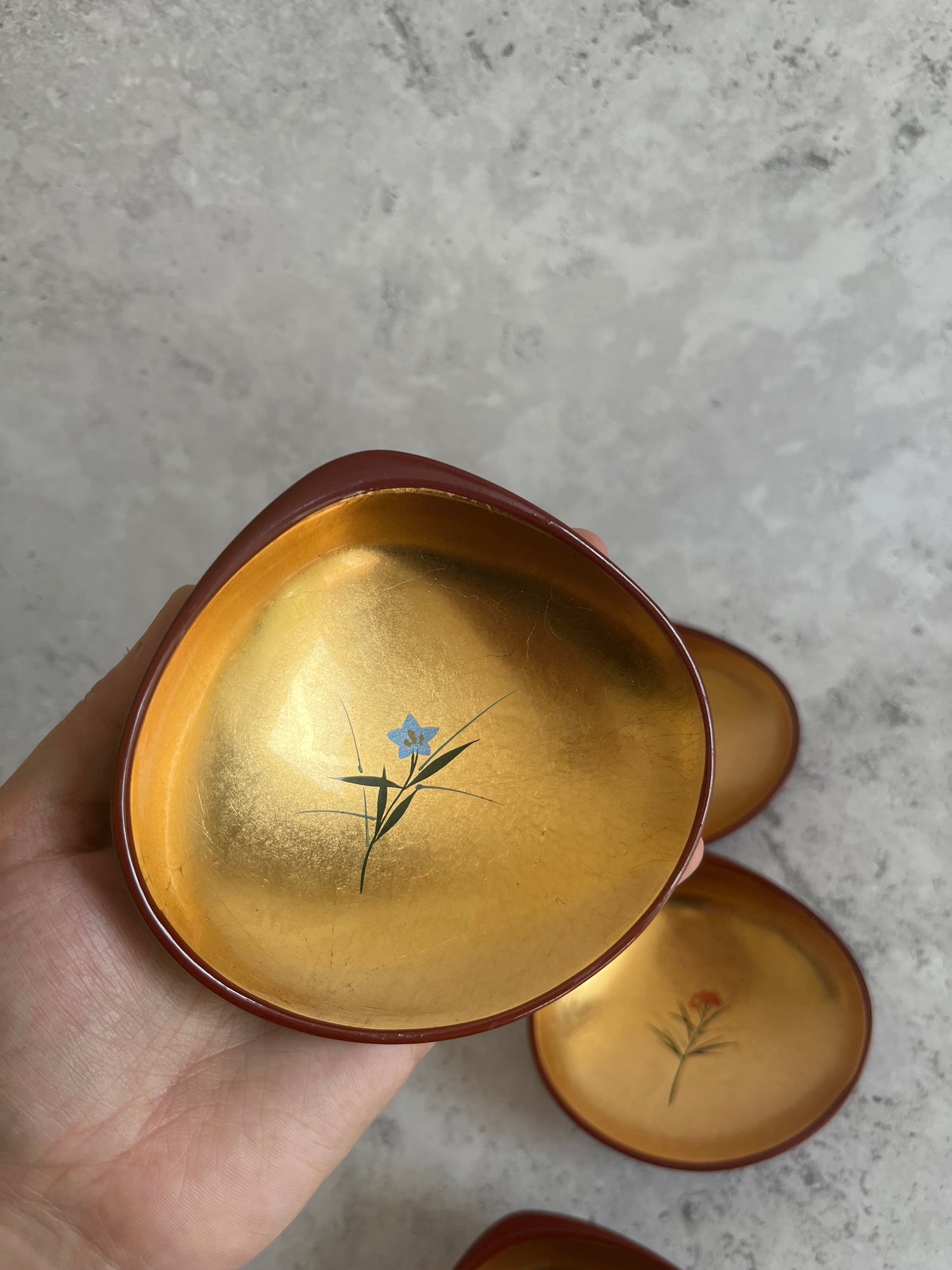 Japanese Set Of 5 Lacquerware Clam Shaped Dishes Handpainted Floral Detail Sweet Dish
