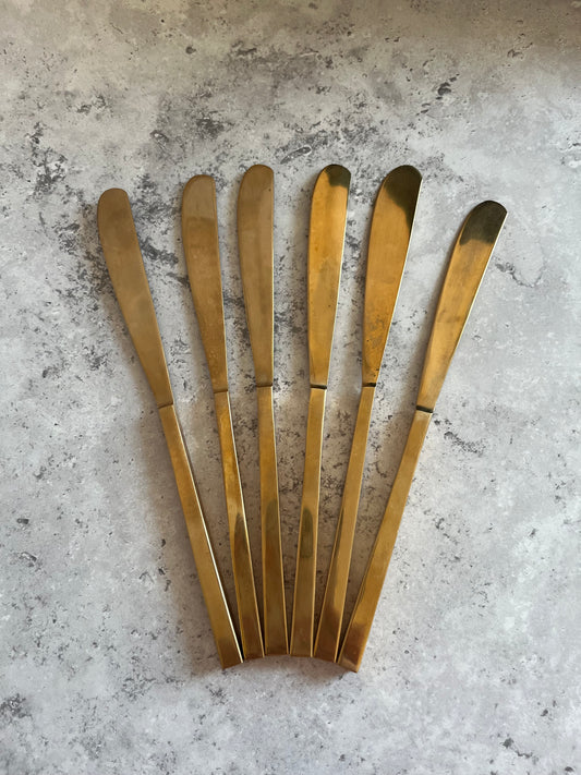 Vintage 1970’s Thai Gold Tone Butter Knives Set Of Six Angular Design