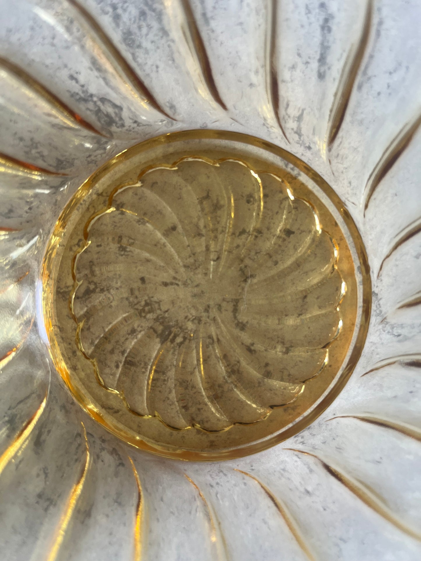 Vintage Bagley Amber Glass Dessert Bowl Swirl Pattern Scalloped Edge
