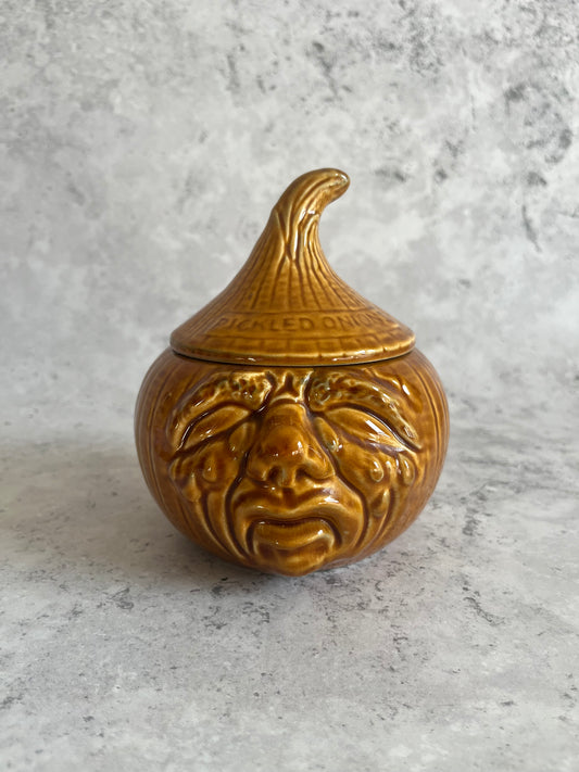Vintage Crying Pickled Onion Pot Amber Glazed Retro Storage Jar Ceramic