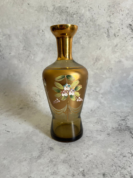 Vintage Bohemian Hand Painted Gold Glass Vase Enamelled Flowers