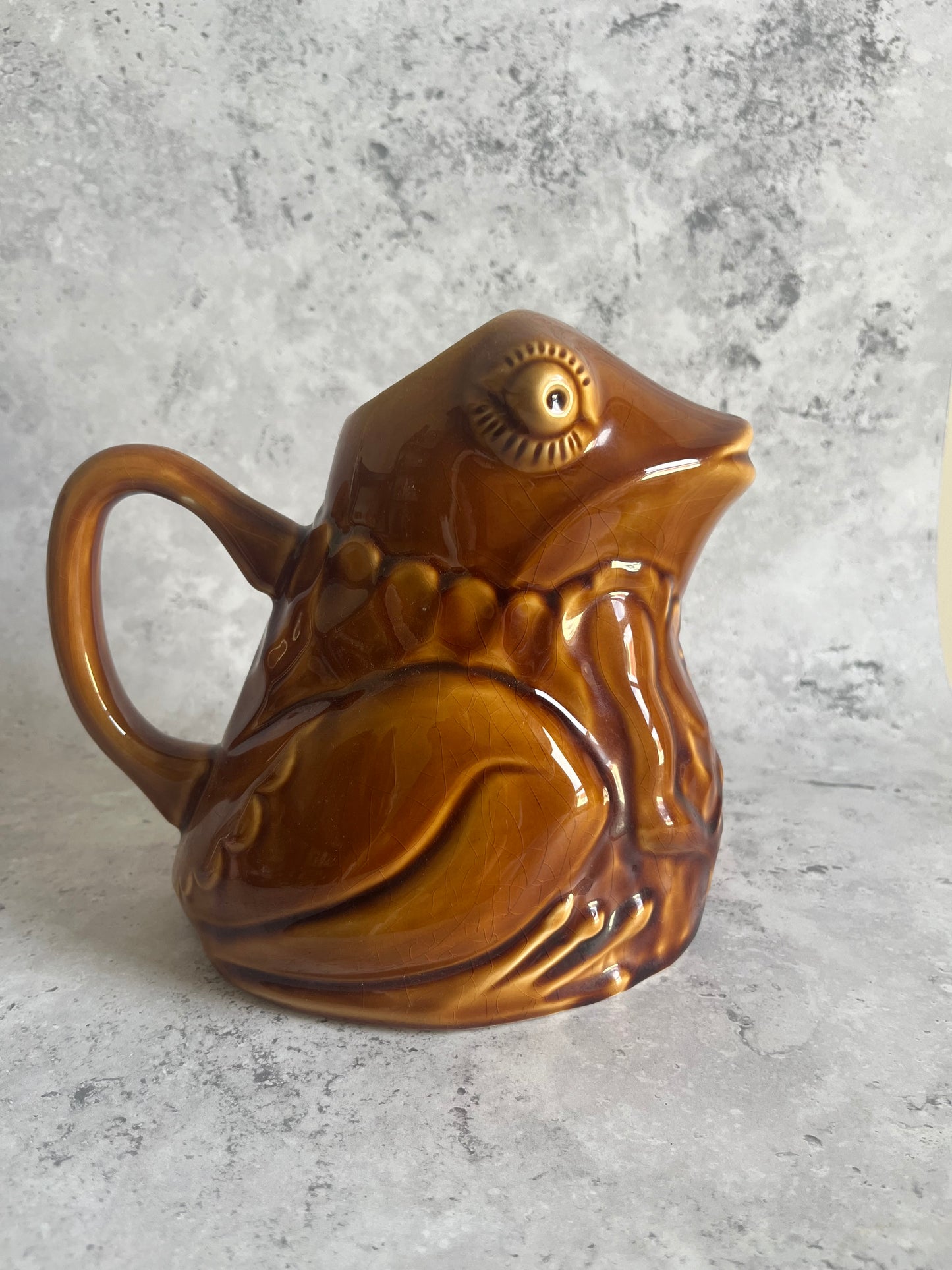 Vintage Sarreguemines French Frog Shaped Water Pitcher Amber Glazed
