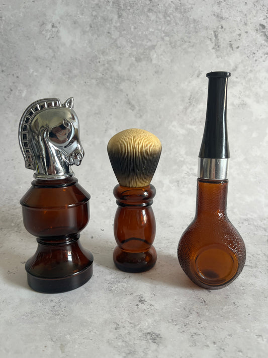 Vintage 1970’s Set Of 3 Avon Perfume Bottles Pipe Knight & Brush Empty