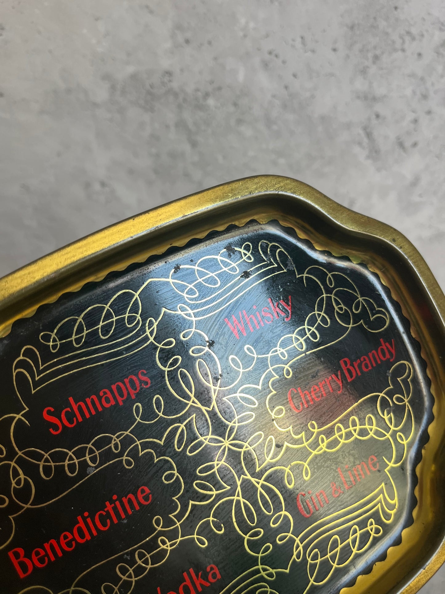 Vintage Spirit Shot Metal Serving Tray Black Gold Detail Retro Brewiana