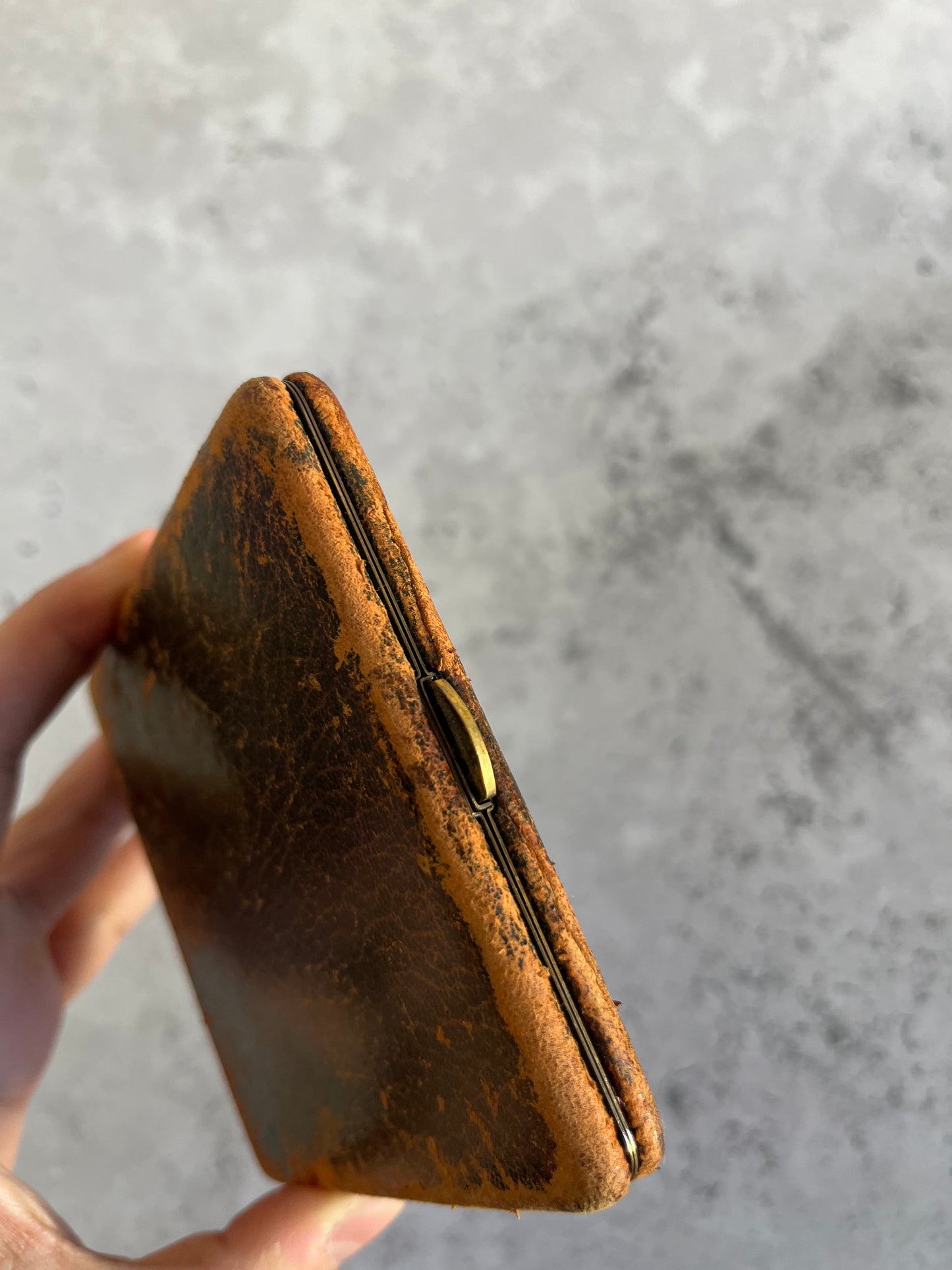 Vintage Brown Leather Cigarette Case Green Gold Tone Interior