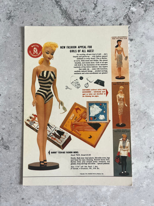 Vintage 1997 Nostalgic Barbie 1959 Catalogue Advertisement Blank Postcard