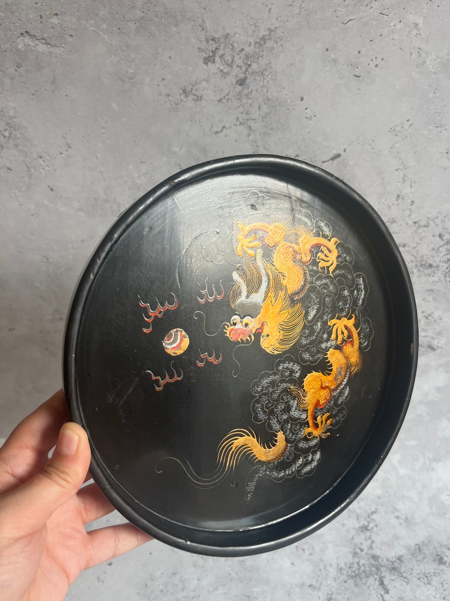 Chinese Foochow Black Lacquer Round Serving Tray Hand Painted Dragon Design 24cm Diameter
