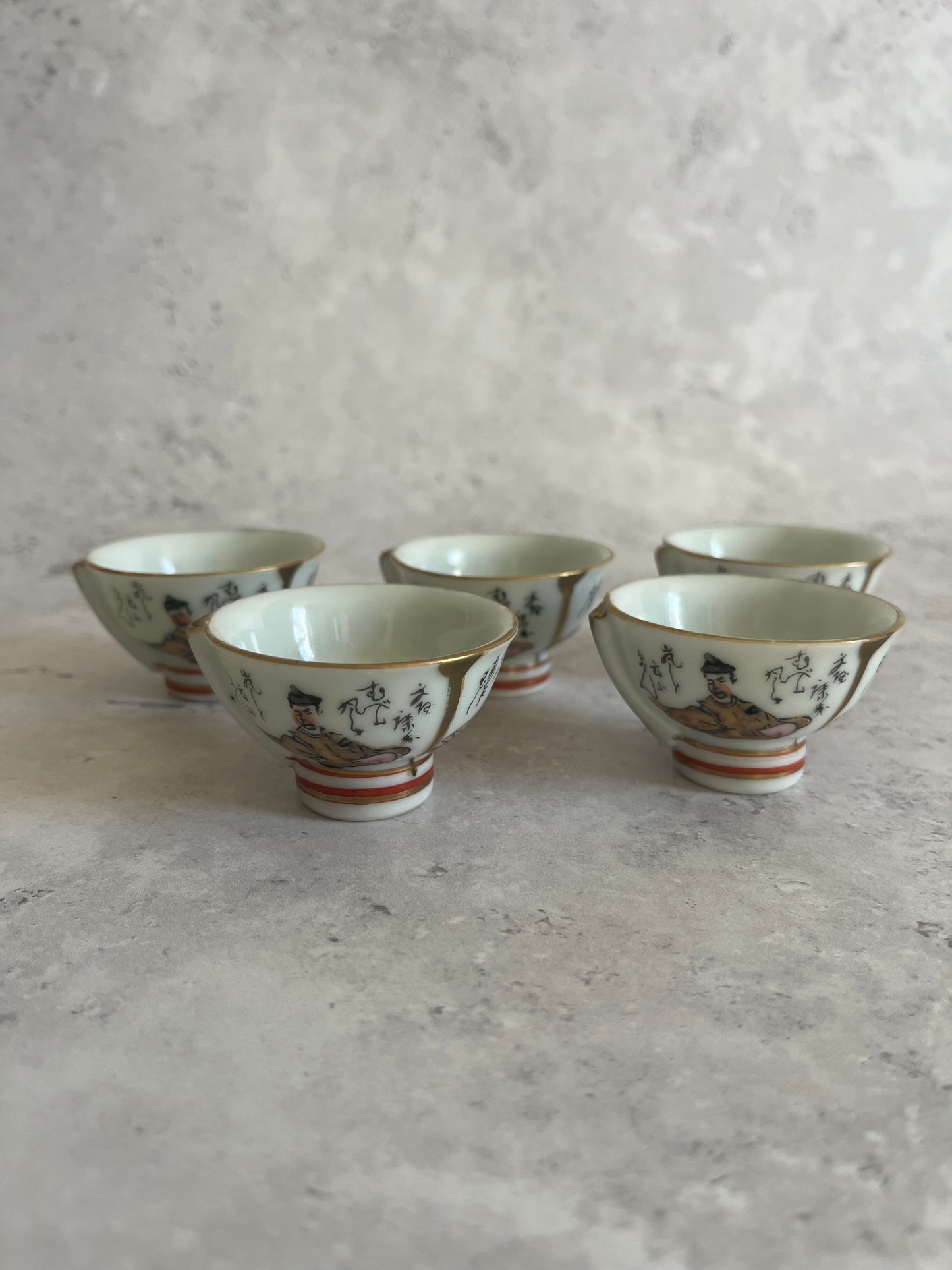 Vintage Japanese Kutani Set Of 5 Whistling Sake Cups Seated Figure Design