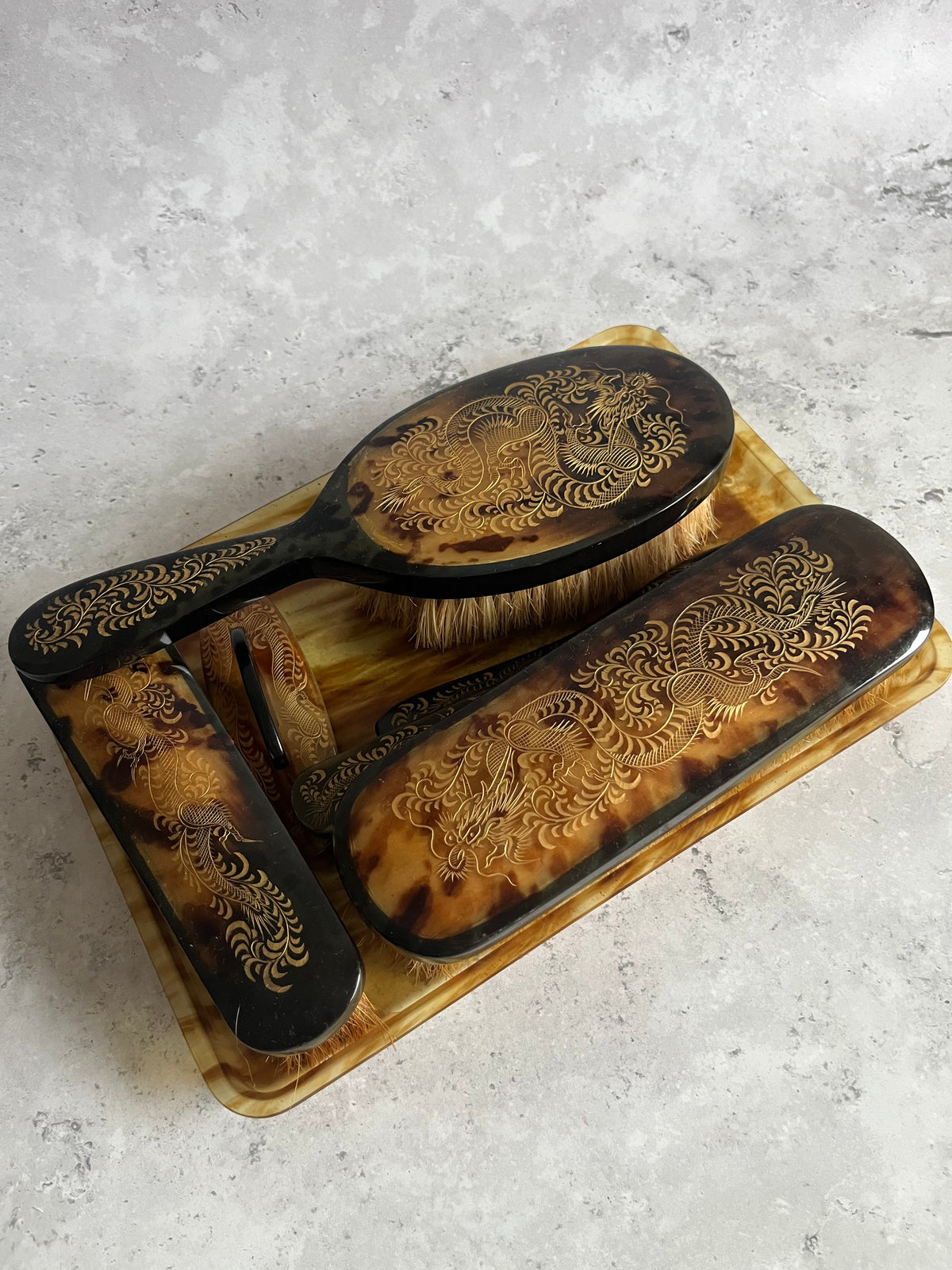 Vintage Early 20thC Faux Tortoiseshell 7 Piece Vanity Set Gold Dragon Engraved Design