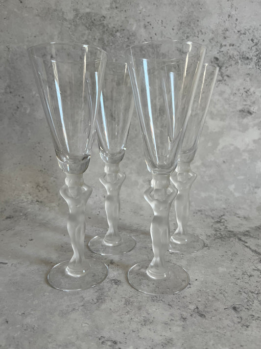 French Bayel Crystal Nude Frosted Venus Stem Champagne Flutes Set Of 4