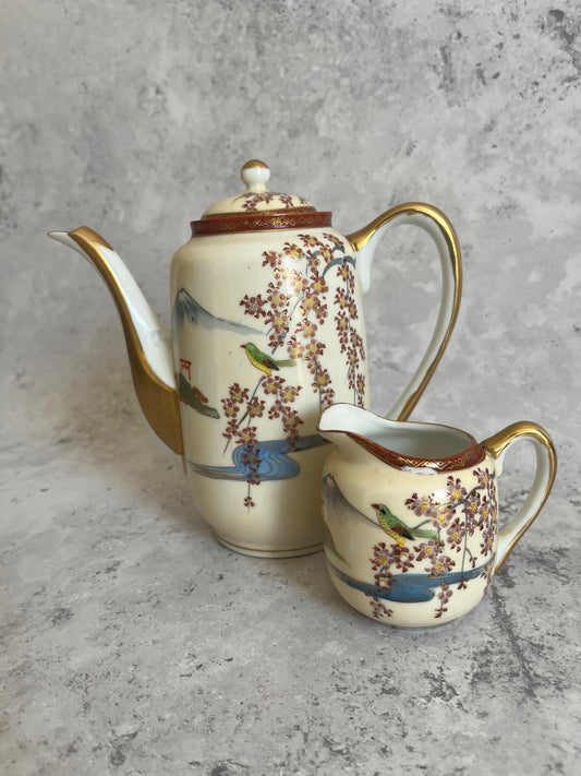 Vintage Japanese Kutani Coffee Pot & Creamer Cherry Blossom Scene Teapot