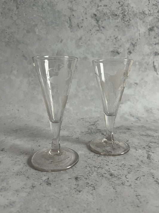 Antique Georgian Pair Of Engraved Dwarf Ale Glasses Barley Hop Design