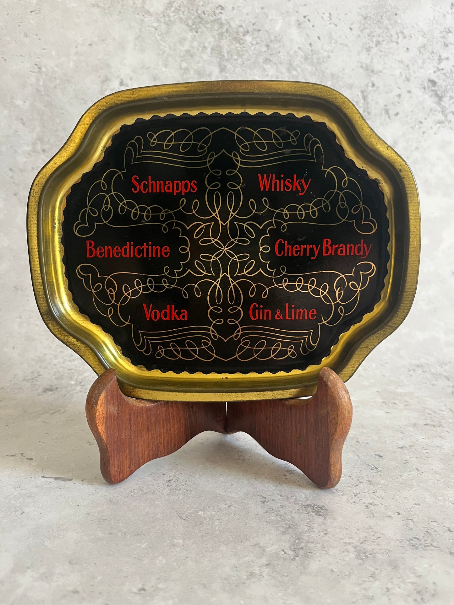Vintage Spirit Shot Metal Serving Tray Black Gold Detail Retro Brewiana