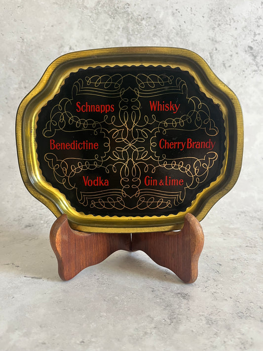 Vintage Spirit Shot Metal Serving Tray Black Gold Detail Retro Brewiana